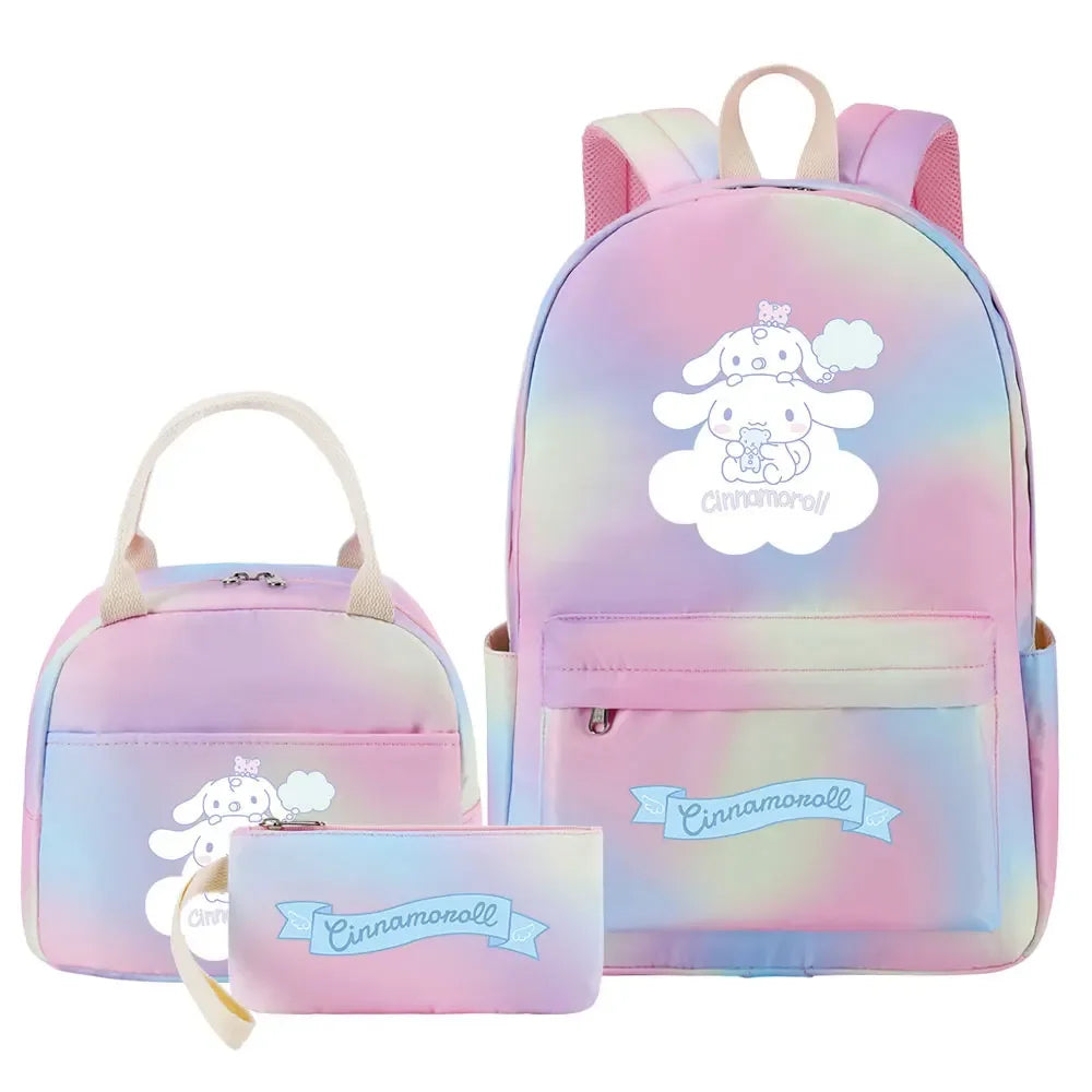 New Cinnamoroll Girls Kids Pen Lunch Bags Bookbags 3 Pcs Women Teenagers Schoolbags Travel Laptop Rainbow Backpack