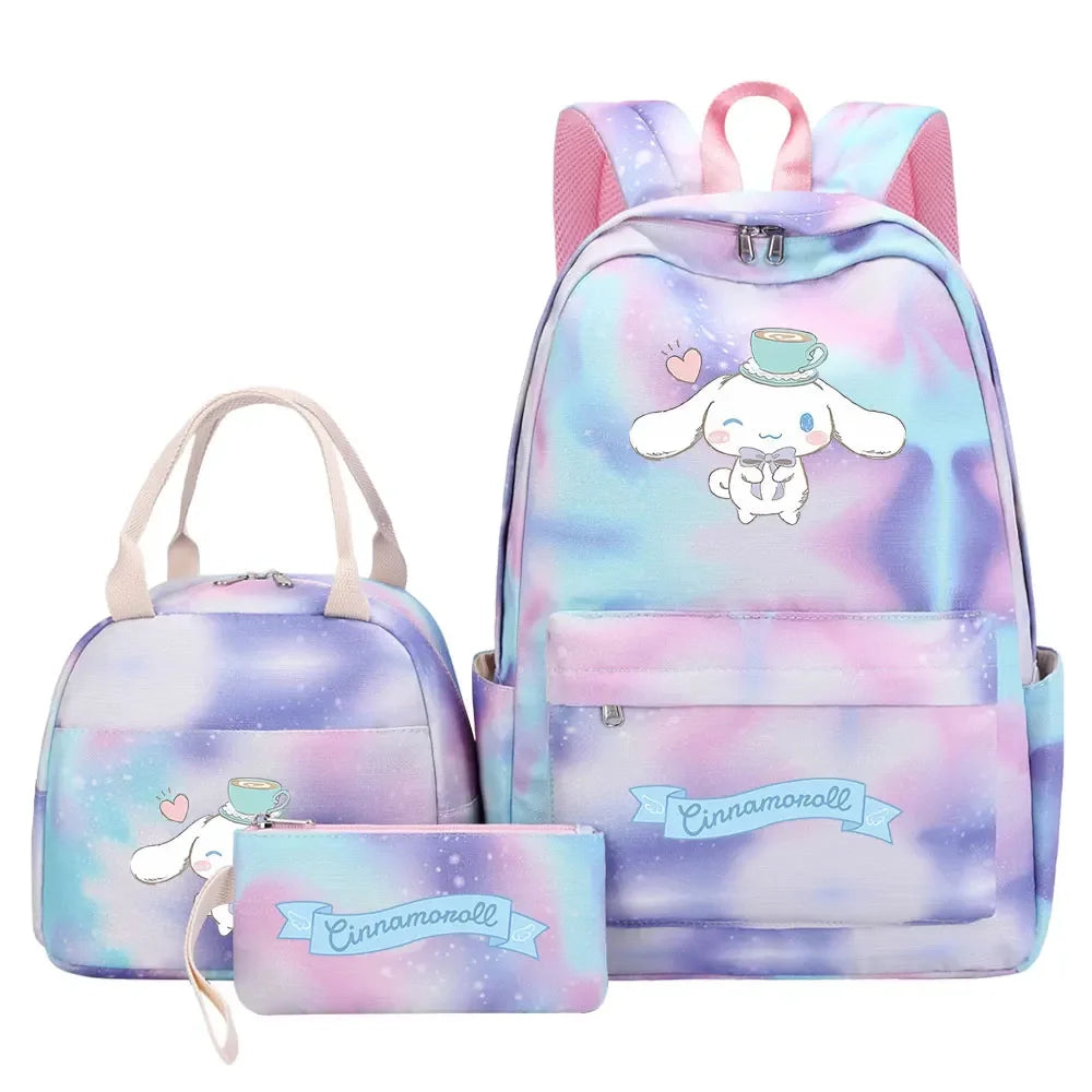New Cinnamoroll Girls Kids Pen Lunch Bags Bookbags 3 Pcs Women Teenagers Schoolbags Travel Laptop Rainbow Backpack