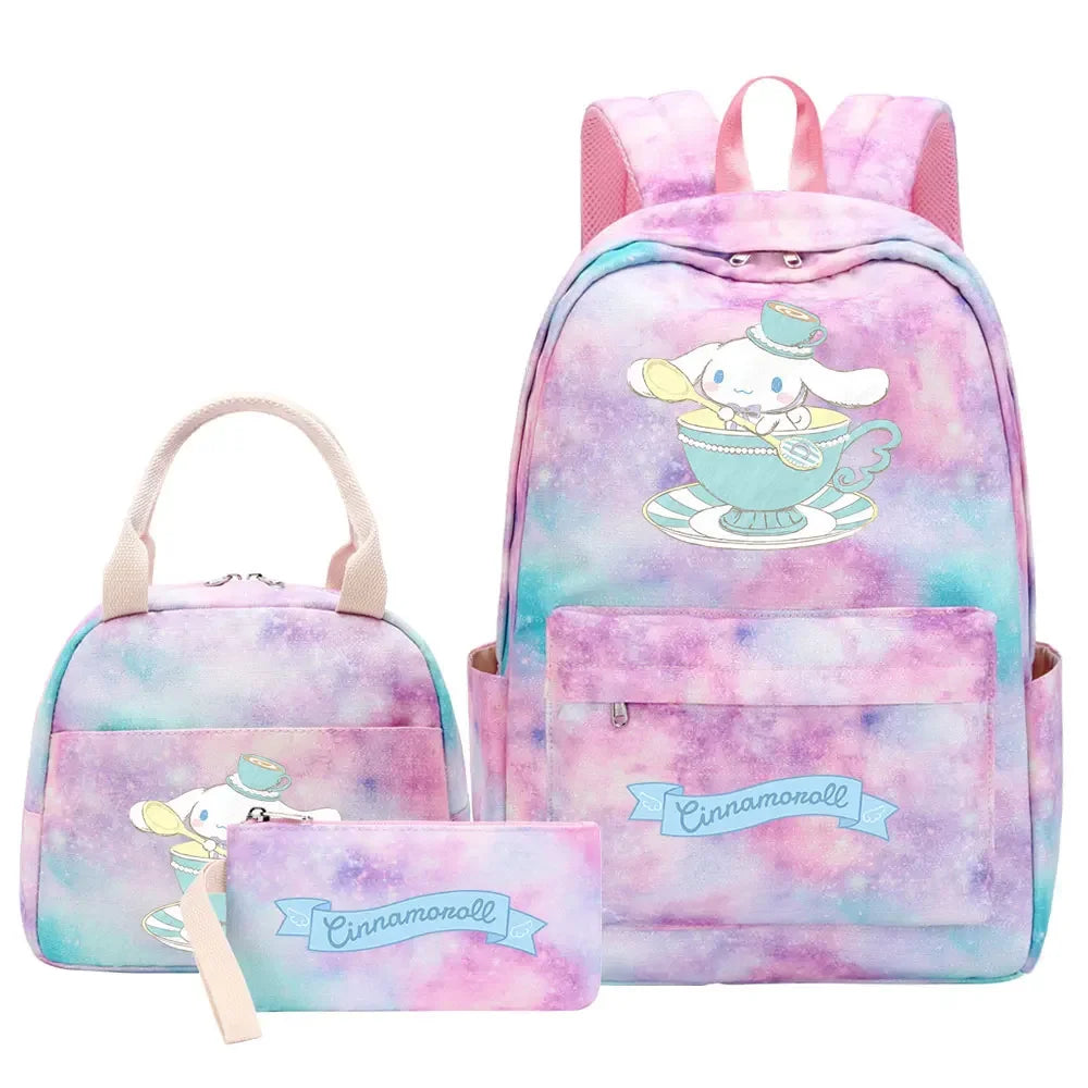 New Cinnamoroll Girls Kids Pen Lunch Bags Bookbags 3 Pcs Women Teenagers Schoolbags Travel Laptop Rainbow Backpack