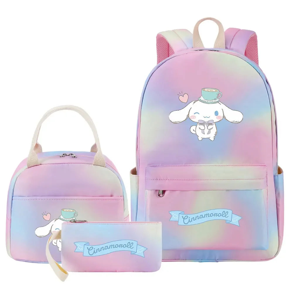 New Cinnamoroll Girls Kids Pen Lunch Bags Bookbags 3 Pcs Women Teenagers Schoolbags Travel Laptop Rainbow Backpack