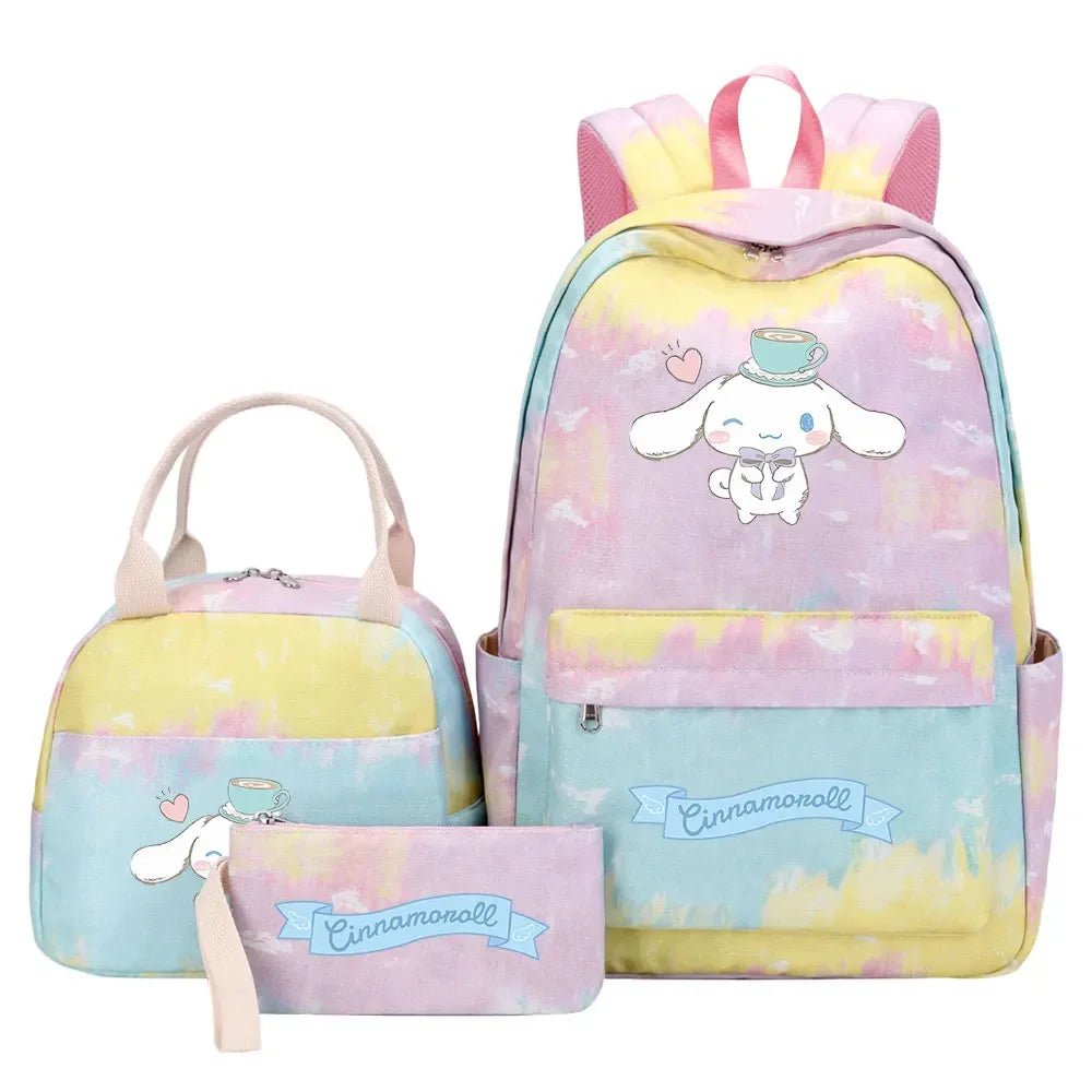 New Cinnamoroll Girls Kids Pen Lunch Bags Bookbags 3 Pcs Women Teenagers Schoolbags Travel Laptop Rainbow Backpack