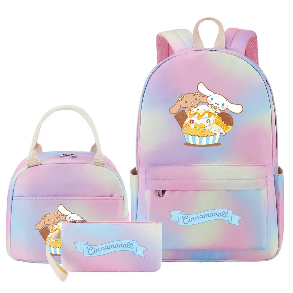 New Cinnamoroll Girls Kids Pen Lunch Bags Bookbags 3 Pcs Women Teenagers Schoolbags Travel Laptop Rainbow Backpack
