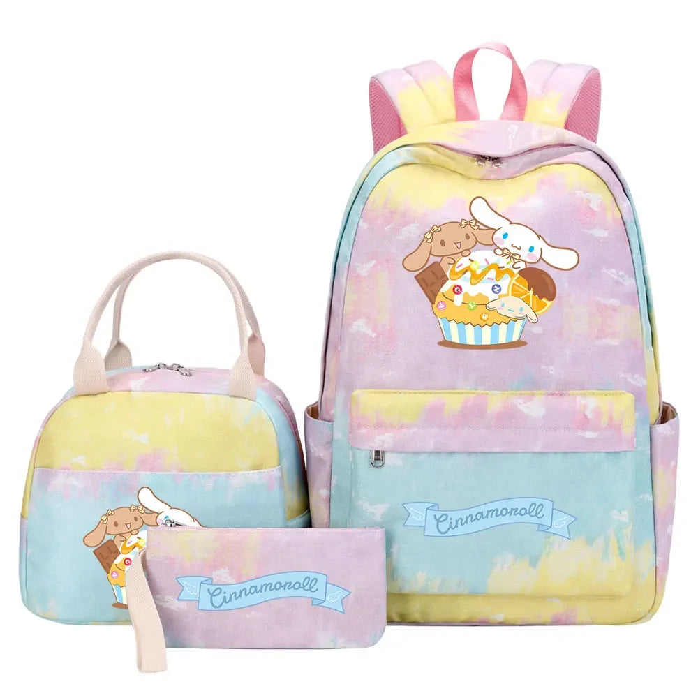 New Cinnamoroll Girls Kids Pen Lunch Bags Bookbags 3 Pcs Women Teenagers Schoolbags Travel Laptop Rainbow Backpack