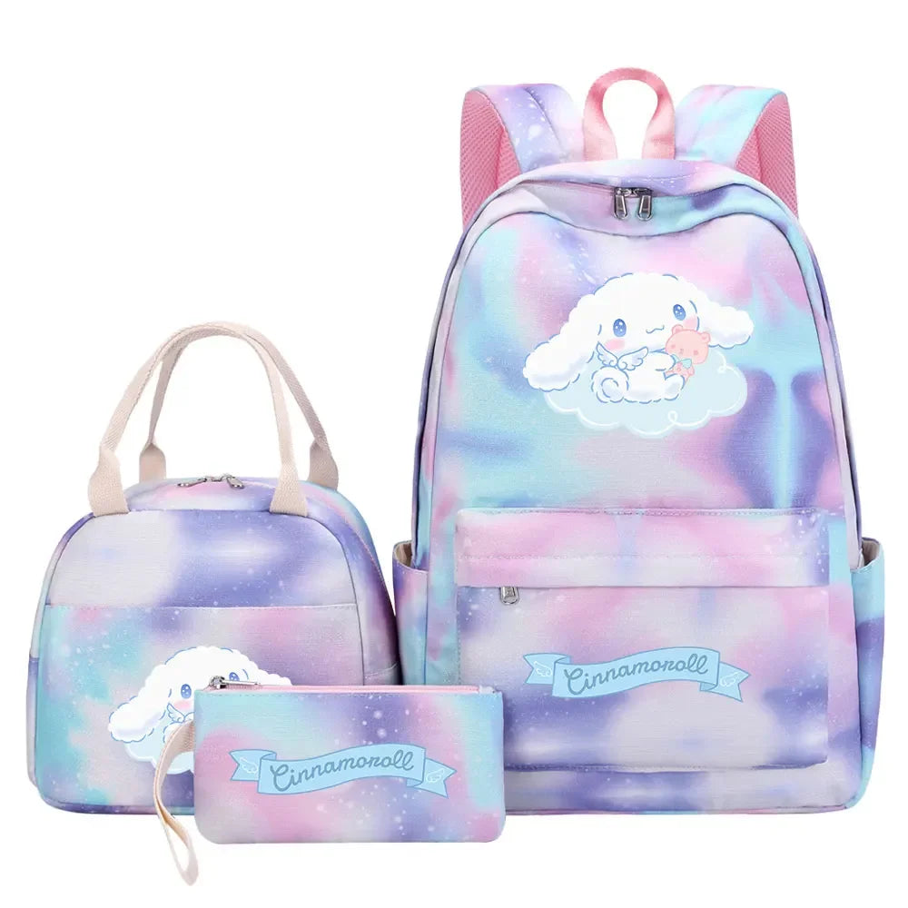 New Cinnamoroll Girls Kids Pen Lunch Bags Bookbags 3 Pcs Women Teenagers Schoolbags Travel Laptop Rainbow Backpack