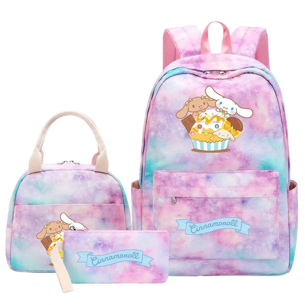 New Cinnamoroll Girls Kids Pen Lunch Bags Bookbags 3 Pcs Women Teenagers Schoolbags Travel Laptop Rainbow Backpack