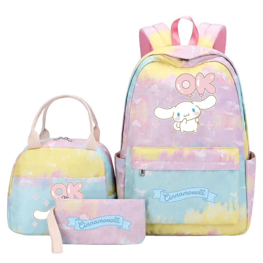 New Cinnamoroll Girls Kids Pen Lunch Bags Bookbags 3 Pcs Women Teenagers Schoolbags Travel Laptop Rainbow Backpack
