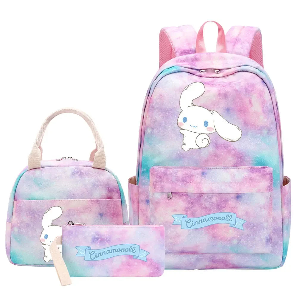 New Cinnamoroll Girls Kids Pen Lunch Bags Bookbags 3 Pcs Women Teenagers Schoolbags Travel Laptop Rainbow Backpack