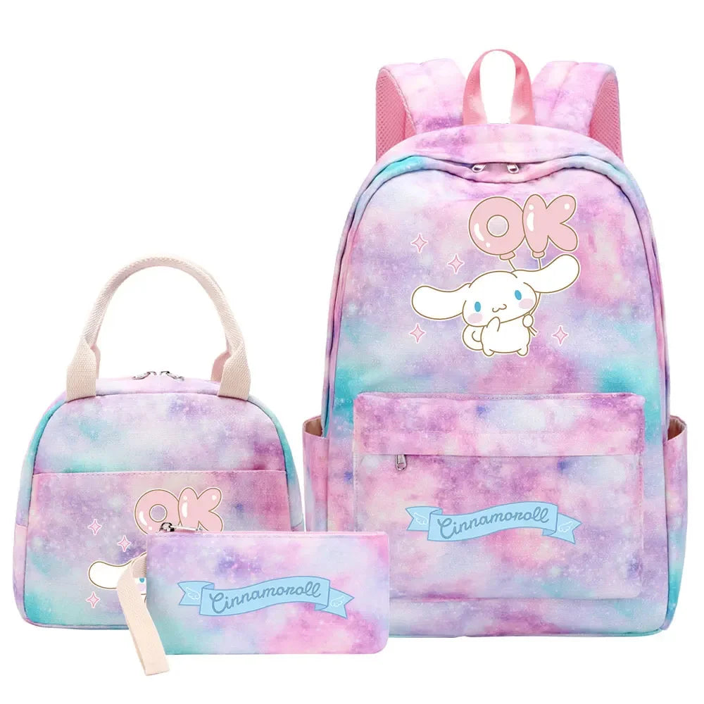 New Cinnamoroll Girls Kids Pen Lunch Bags Bookbags 3 Pcs Women Teenagers Schoolbags Travel Laptop Rainbow Backpack