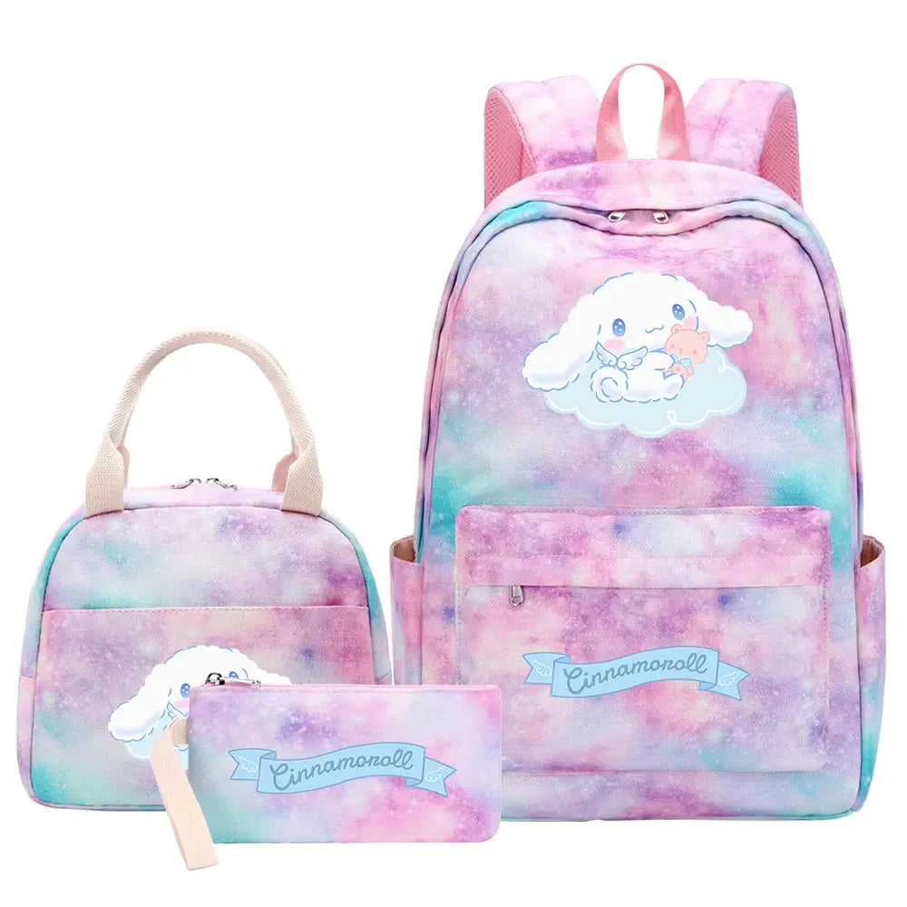 New Cinnamoroll Girls Kids Pen Lunch Bags Bookbags 3 Pcs Women Teenagers Schoolbags Travel Laptop Rainbow Backpack