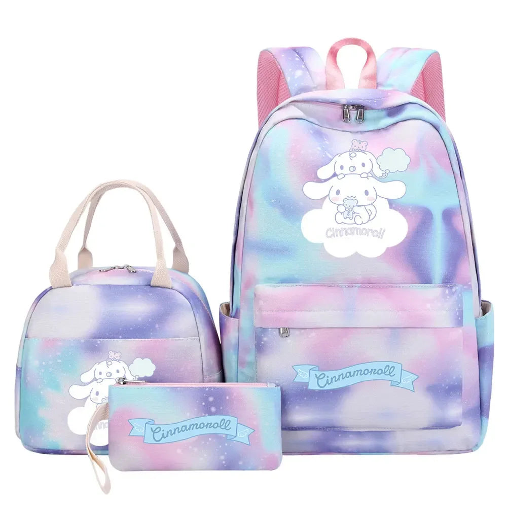 New Cinnamoroll Girls Kids Pen Lunch Bags Bookbags 3 Pcs Women Teenagers Schoolbags Travel Laptop Rainbow Backpack
