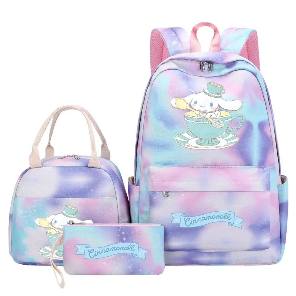 New Cinnamoroll Girls Kids Pen Lunch Bags Bookbags 3 Pcs Women Teenagers Schoolbags Travel Laptop Rainbow Backpack