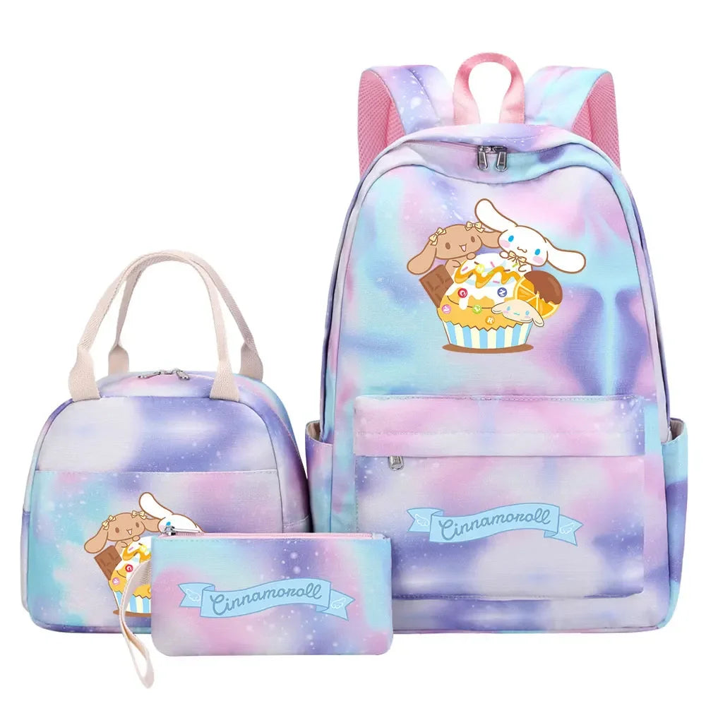 New Cinnamoroll Girls Kids Pen Lunch Bags Bookbags 3 Pcs Women Teenagers Schoolbags Travel Laptop Rainbow Backpack