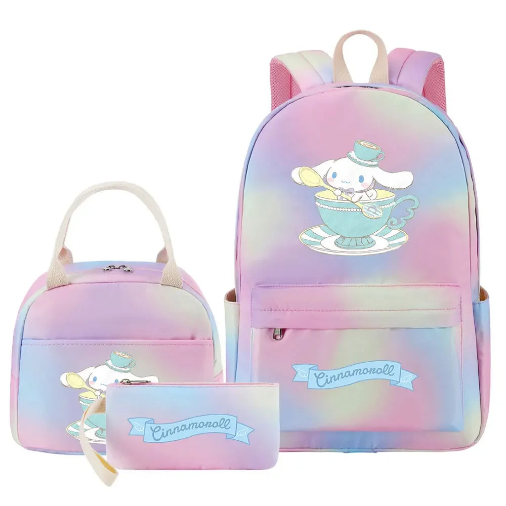 New Cinnamoroll Girls Kids Pen Lunch Bags Bookbags 3 Pcs Women Teenagers Schoolbags Travel Laptop Rainbow Backpack