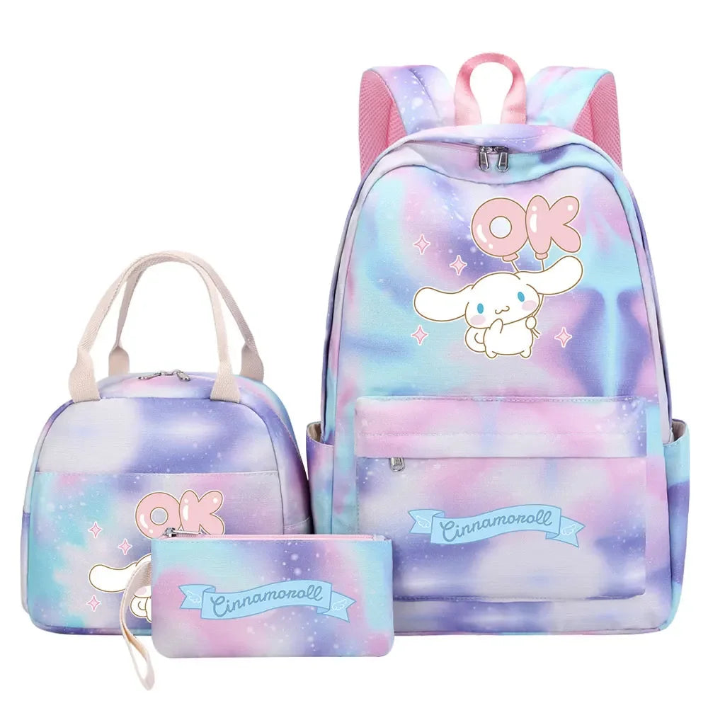 New Cinnamoroll Girls Kids Pen Lunch Bags Bookbags 3 Pcs Women Teenagers Schoolbags Travel Laptop Rainbow Backpack