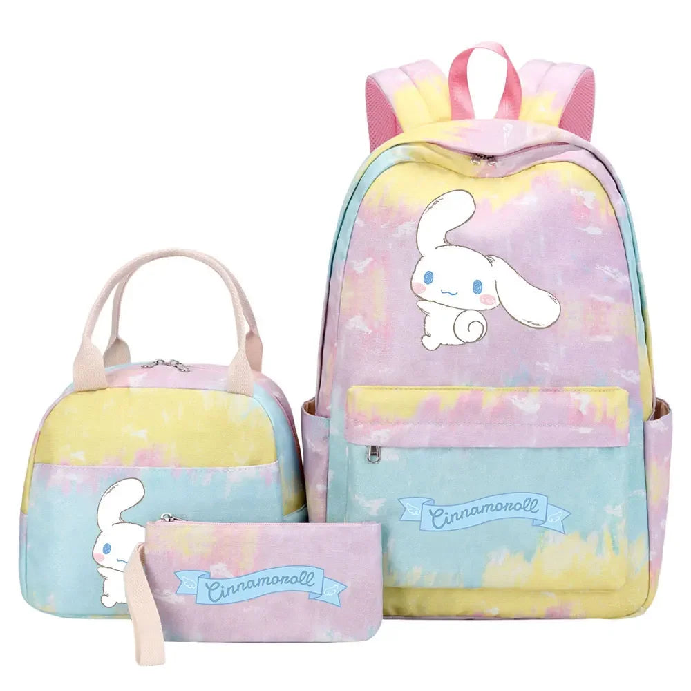 New Cinnamoroll Girls Kids Pen Lunch Bags Bookbags 3 Pcs Women Teenagers Schoolbags Travel Laptop Rainbow Backpack
