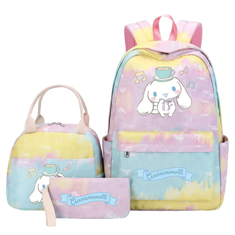 New Cinnamoroll Girls Kids Pen Lunch Bags Bookbags 3 Pcs Women Teenagers Schoolbags Travel Laptop Rainbow Backpack