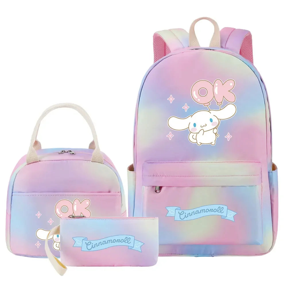 New Cinnamoroll Girls Kids Pen Lunch Bags Bookbags 3 Pcs Women Teenagers Schoolbags Travel Laptop Rainbow Backpack