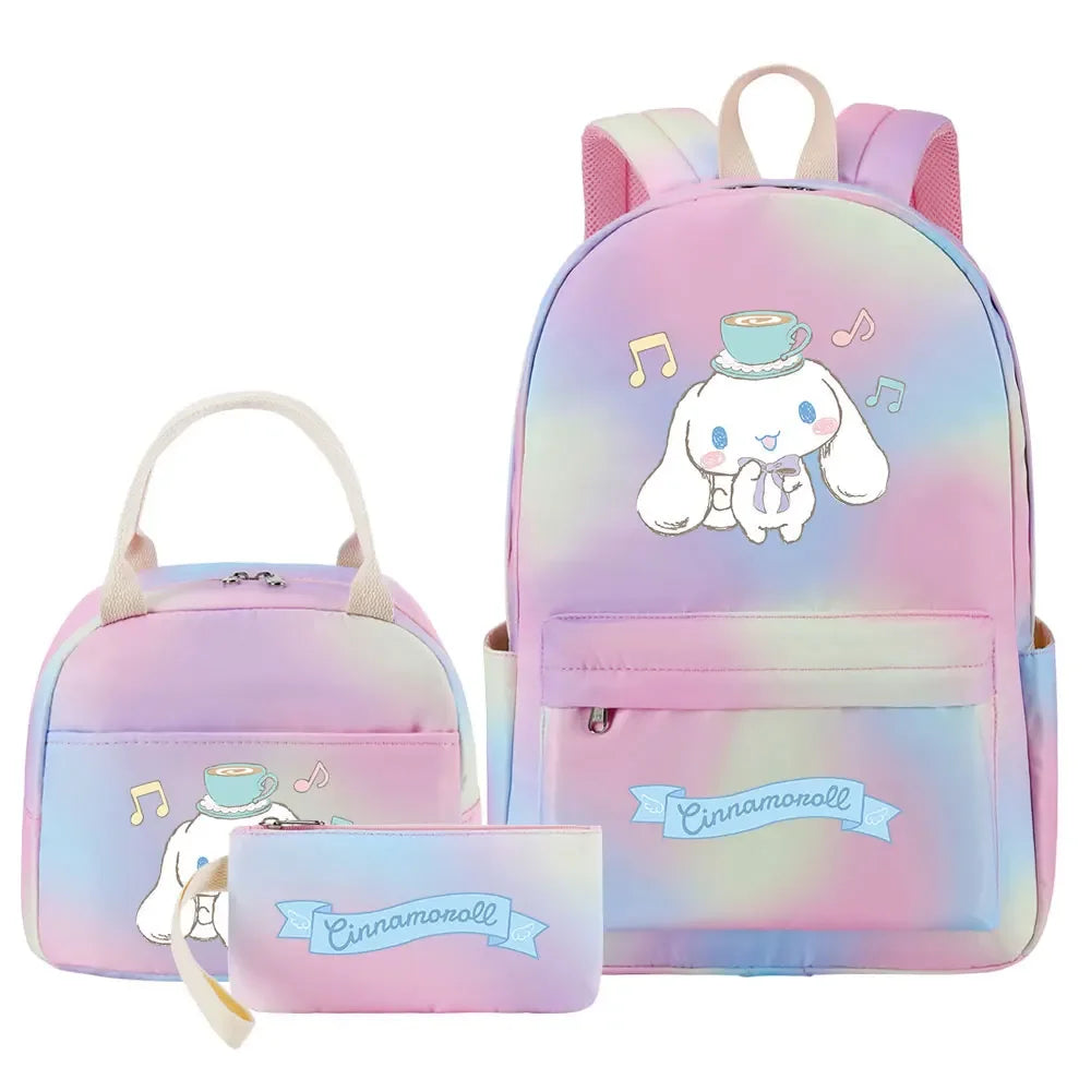 New Cinnamoroll Girls Kids Pen Lunch Bags Bookbags 3 Pcs Women Teenagers Schoolbags Travel Laptop Rainbow Backpack