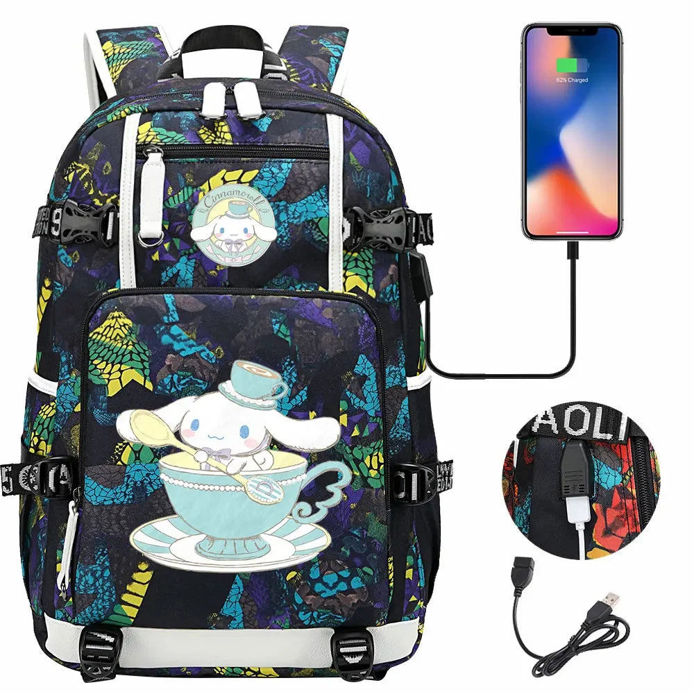 New Cinnamoroll USB Teenagers Schoolbags Women Men Laptop Travel Backpack Girl Boys Kids School Book Bags