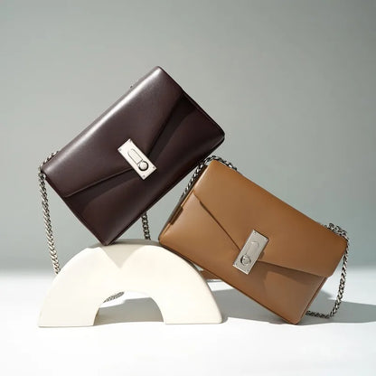 New Clamshell Lock Fenuine Leather Small Square Bags Simple Commuter All-match Chain Crossbody Shoulder Handbags Elegant Bolsas