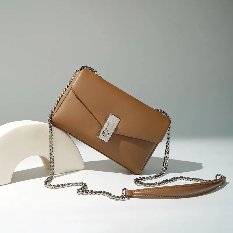 New Clamshell Lock Fenuine Leather Small Square Bags Simple Commuter All-match Chain Crossbody Shoulder Handbags Elegant Bolsas