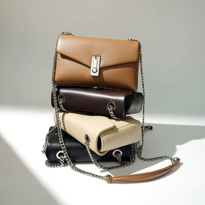 New Clamshell Lock Fenuine Leather Small Square Bags Simple Commuter All-match Chain Crossbody Shoulder Handbags Elegant Bolsas
