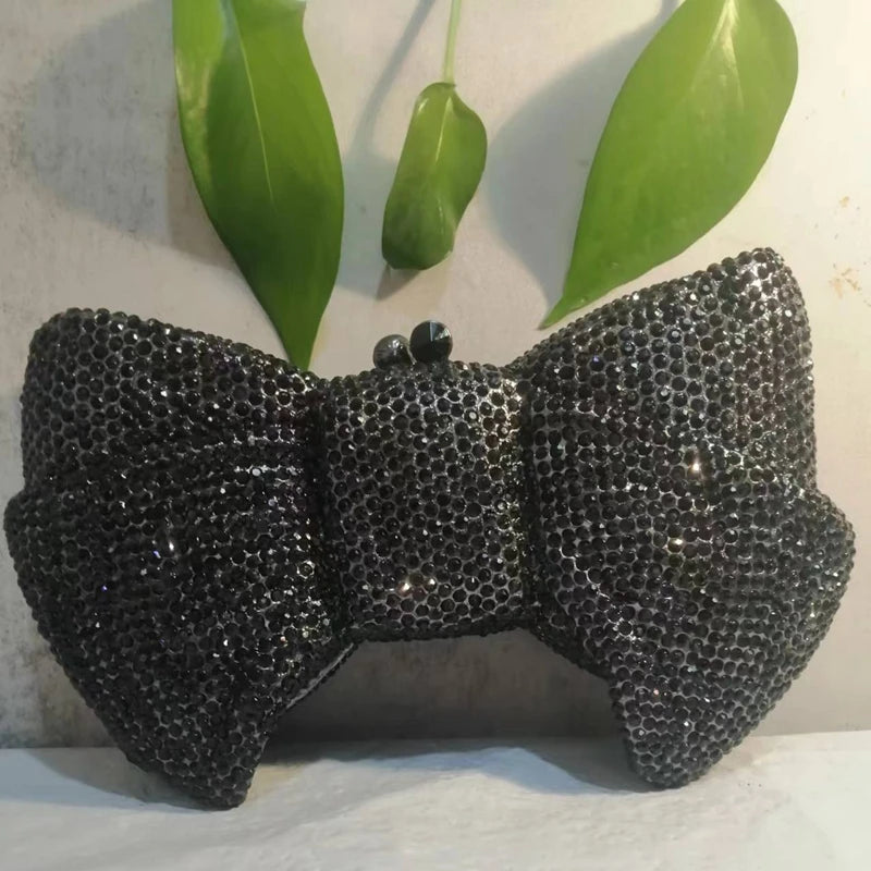New Color Black Bow Banquet Stone Clutches Woman Diamond Crystal Purse Lady Wedding Bridal Handbag Dinner Party Gala Evening Bag