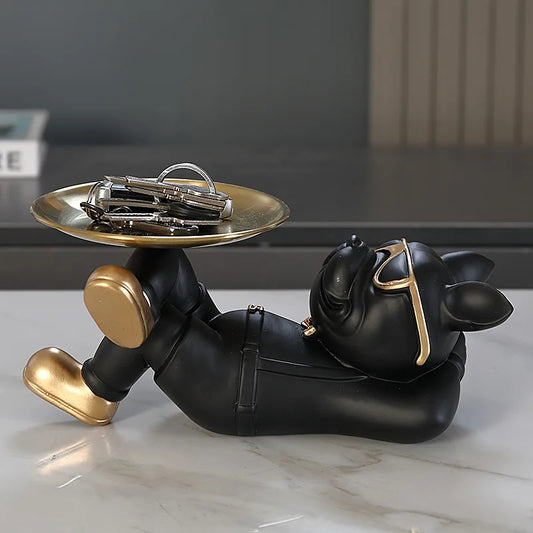New Cool Dog Statue French Bulldog Butler with Tray Animal Figurines Resin Sculptures Living Room Home Decor Ornaments Gifts