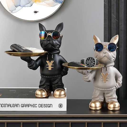 New Cool Dog Statue Home Decor Resin French Bulldog Tray Sculpture Animal Figurines Living Room Office Home Decoration Gifts