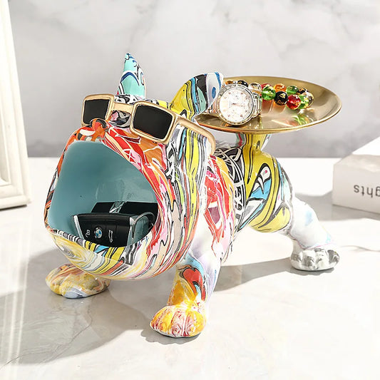 New Cool French Bulldog Statue with Tray Big Mouth Resin Dog Sculpture Animal Figurines Ornaments Live Room Home Decor Gifts