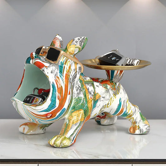New Cool French Bulldog Statue with Tray Big Mouth Resin Dog Sculpture Animal Figurines Ornaments Live Room Home Decor Gifts