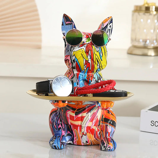 New Cool Resin Dog Statue Home Decor Dog Sculpture with Tray Piggy Bank French Bulldog Figurine Ornaments Desk Decoration Gifts