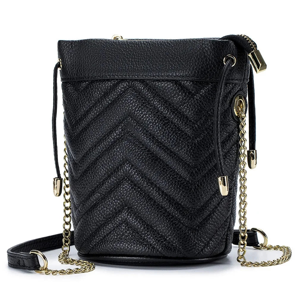 New Cowhide Fashion Chain Women's Striped Body Line One Shoulder Cross-body Soft Leather Bucket Bag Large Capacity
