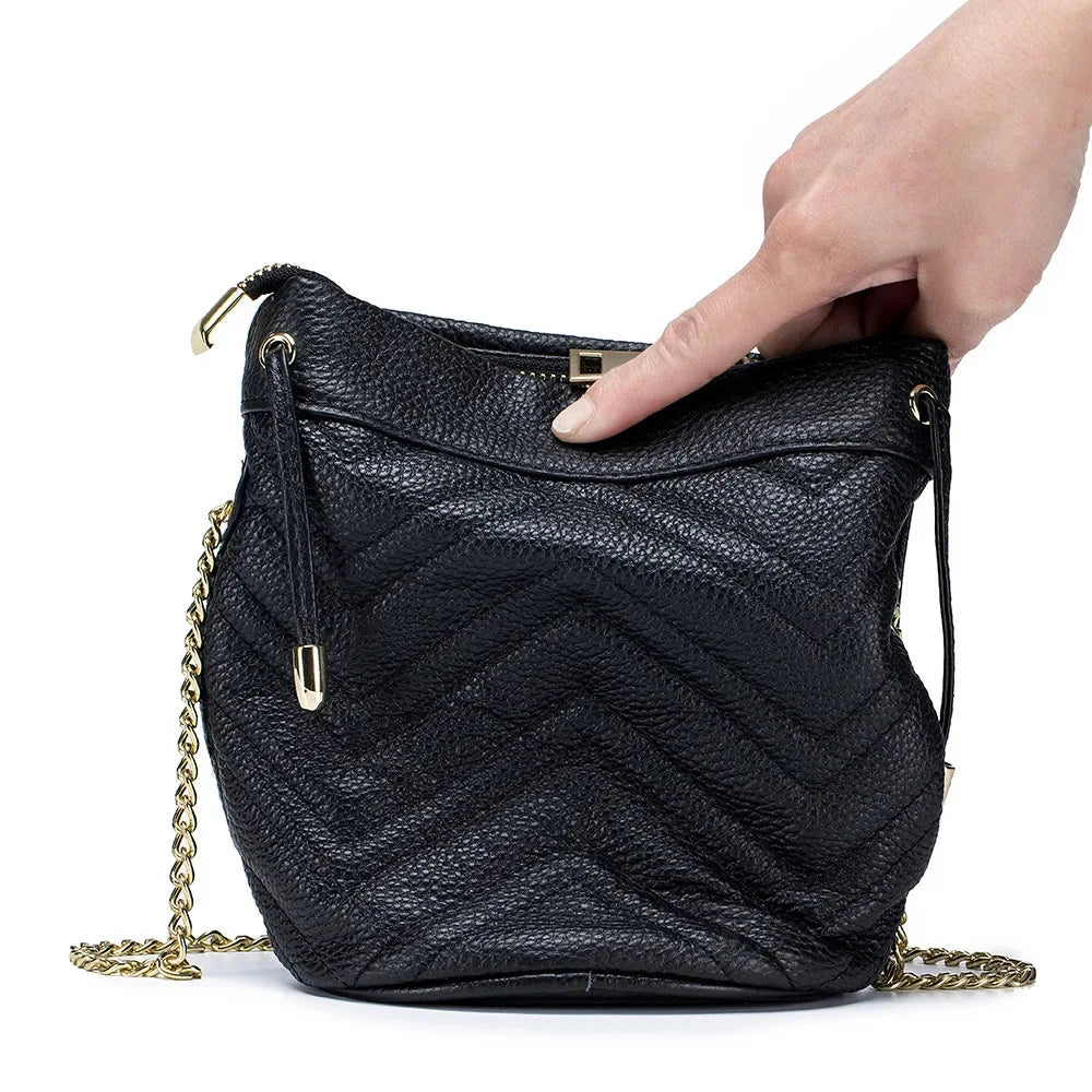 New Cowhide Fashion Chain Women's Striped Body Line One Shoulder Cross-body Soft Leather Bucket Bag Large Capacity