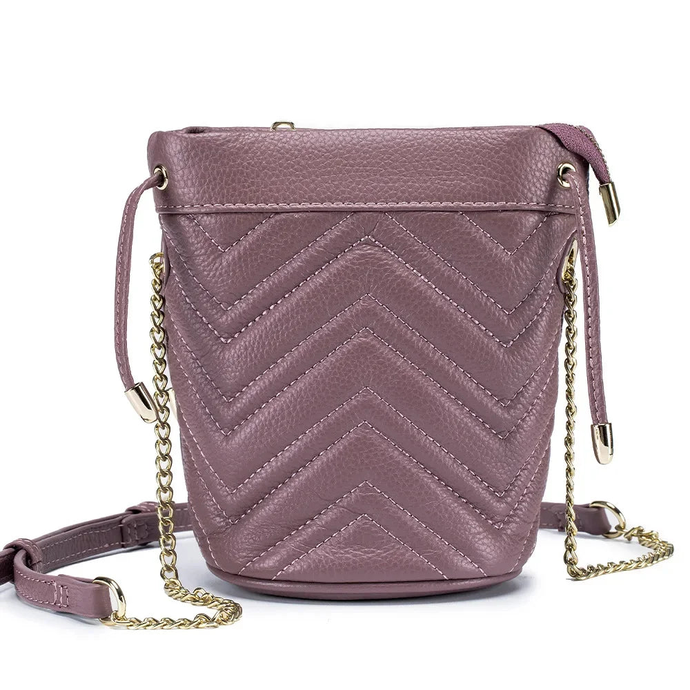 New Cowhide Fashion Chain Women's Striped Body Line One Shoulder Cross-body Soft Leather Bucket Bag Large Capacity