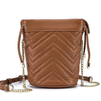 New Cowhide Fashion Chain Women's Striped Body Line One Shoulder Cross-body Soft Leather Bucket Bag Large Capacity