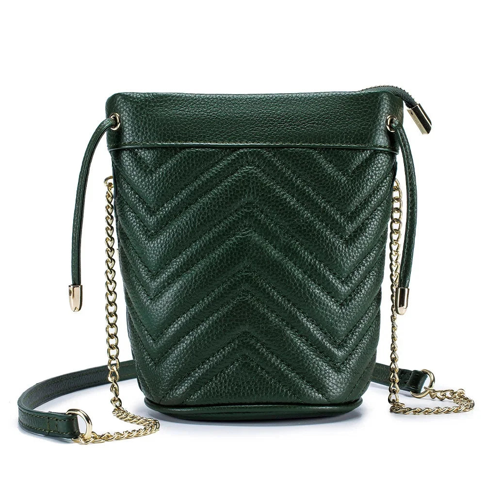 New Cowhide Fashion Chain Women's Striped Body Line One Shoulder Cross-body Soft Leather Bucket Bag Large Capacity