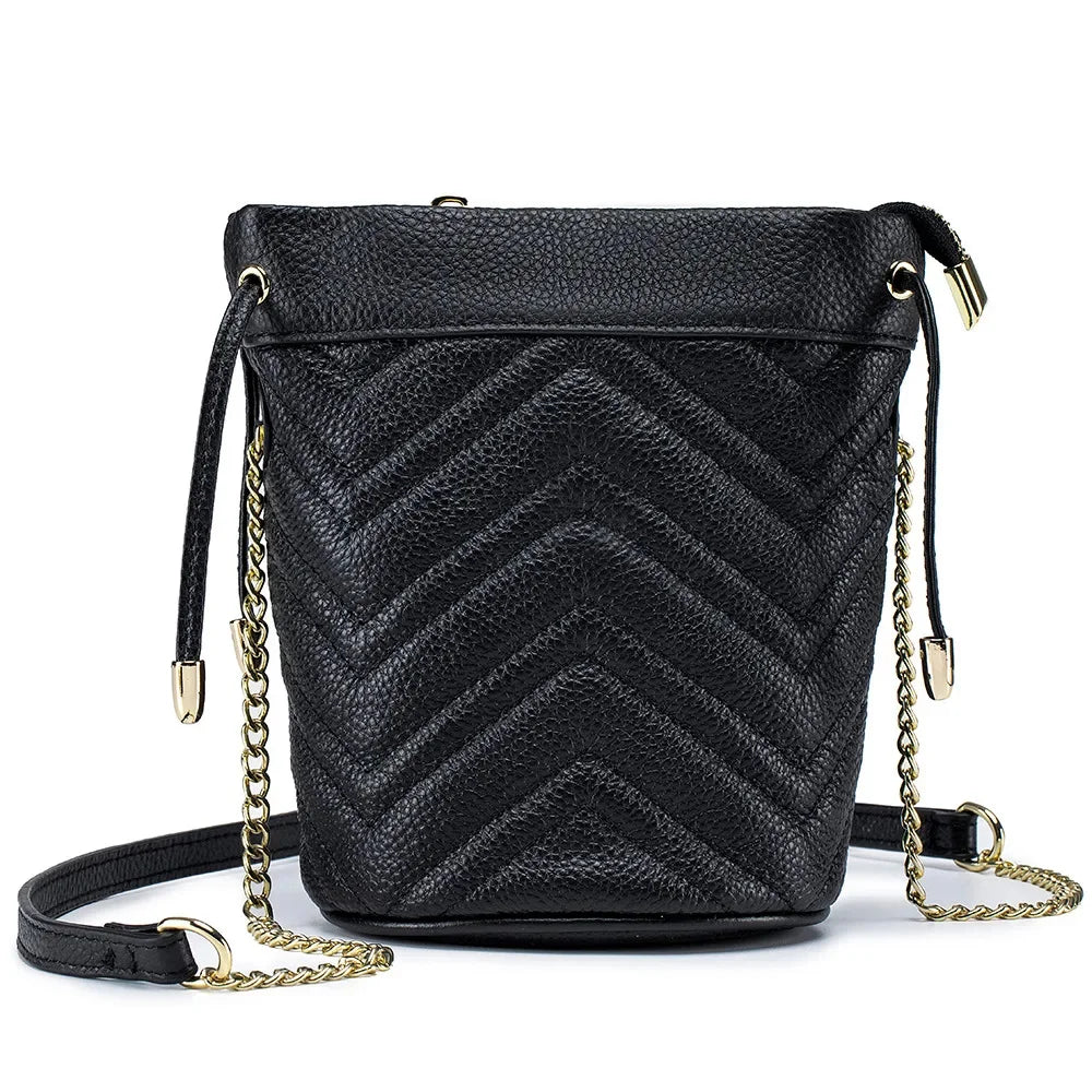 New Cowhide Fashion Chain Women's Striped Body Line One Shoulder Cross-body Soft Leather Bucket Bag Large Capacity