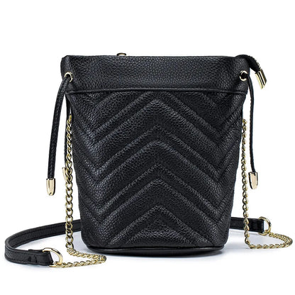 New Cowhide Fashion Chain Women's Striped Body Line One Shoulder Cross-body Soft Leather Bucket Bag Large Capacity