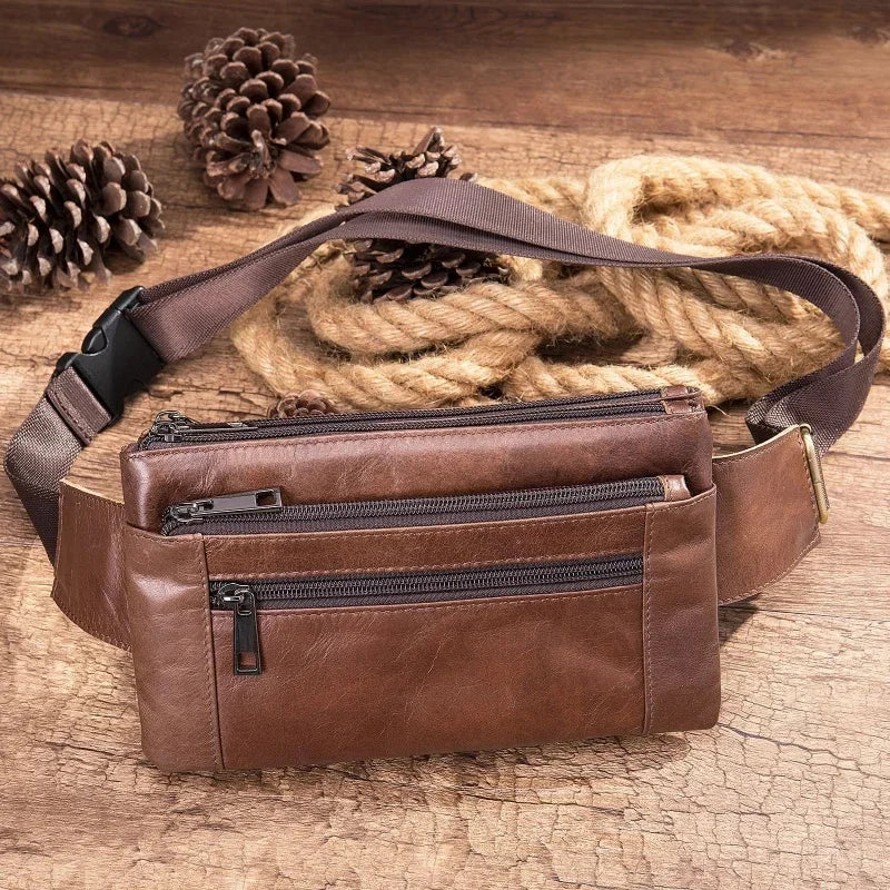 New Cowhide Men's Cell Phone Waist Pack Multifunctional Chest Genuine Leather Belt Causal Male Messenger Bag