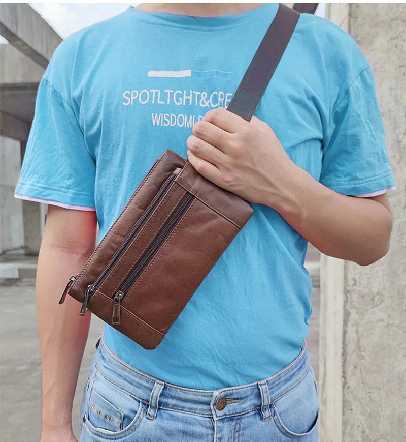 New Cowhide Men's Cell Phone Waist Pack Multifunctional Chest Genuine Leather Belt Causal Male Messenger Bag