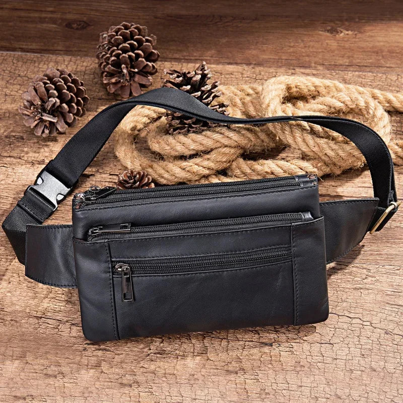 New Cowhide Men's Cell Phone Waist Pack Multifunctional Chest Genuine Leather Belt Causal Male Messenger Bag