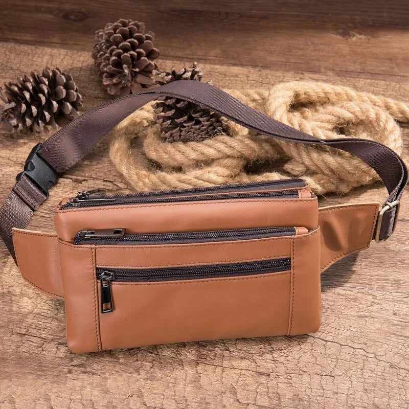 New Cowhide Men's Cell Phone Waist Pack Multifunctional Chest Genuine Leather Belt Causal Male Messenger Bag