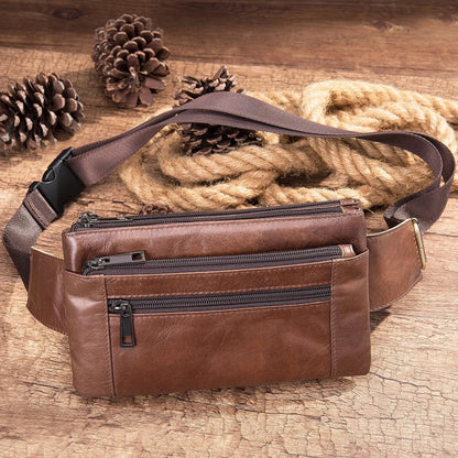 New Cowhide Men's Cell Phone Waist Pack Multifunctional Chest Genuine Leather Belt Causal Male Messenger Bag