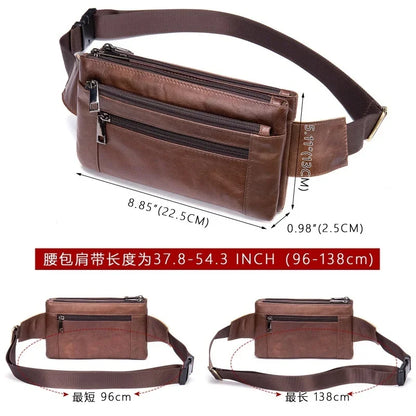 New Cowhide Men's Cell Phone Waist Pack Multifunctional Chest Genuine Leather Belt Causal Male Messenger Bag