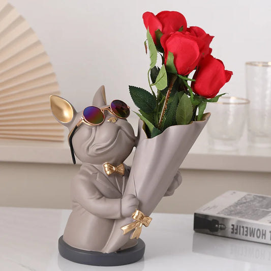New Creative Dog Flower Arrangement Nordic French Bulldog Flower Vase Decorative Statue Table Living Room Home Decor Gift Crafts