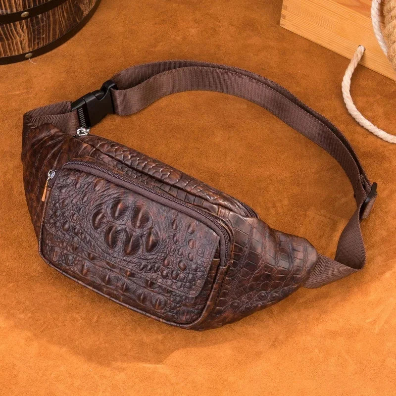 New Crocodile Pattern Genuine Leather Men's Casual Crossbody Retro Male Chest Bag Multifunctional Waist Pack
