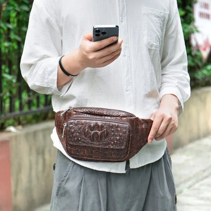 New Crocodile Pattern Genuine Leather Men's Casual Crossbody Retro Male Chest Bag Multifunctional Waist Pack