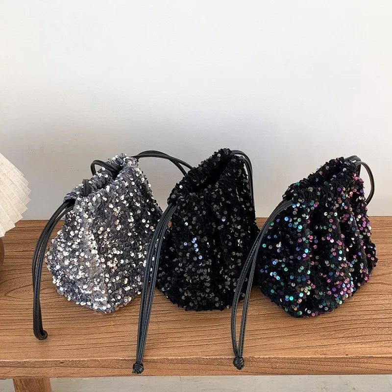 New Crossbody Bucket Bags Lady Drawstring Folds Design Colorful Sequin Bag Korean Chic All-match Casual Handbags Female Purses