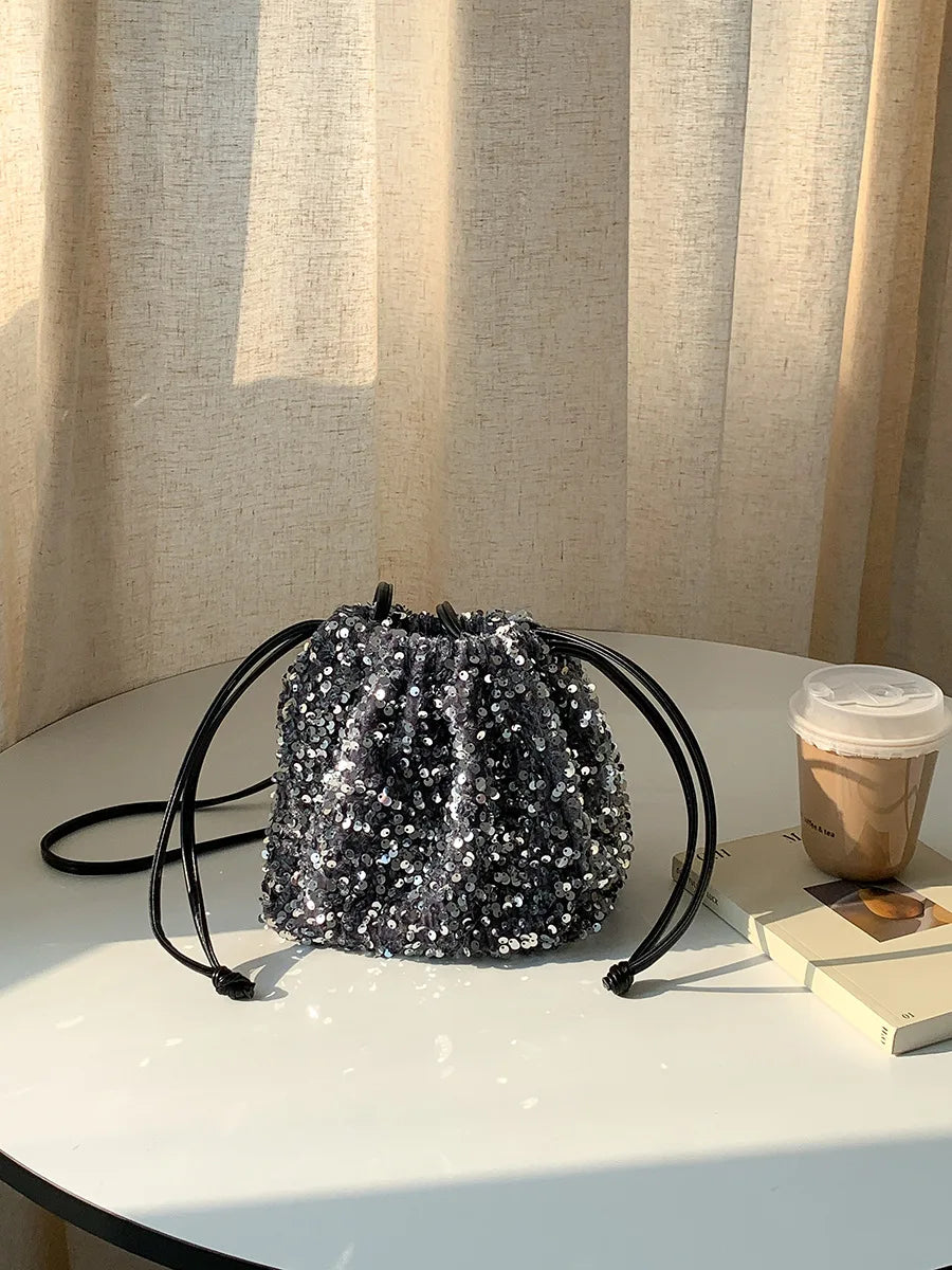 New Crossbody Bucket Bags Lady Drawstring Folds Design Colorful Sequin Bag Korean Chic All-match Casual Handbags Female Purses